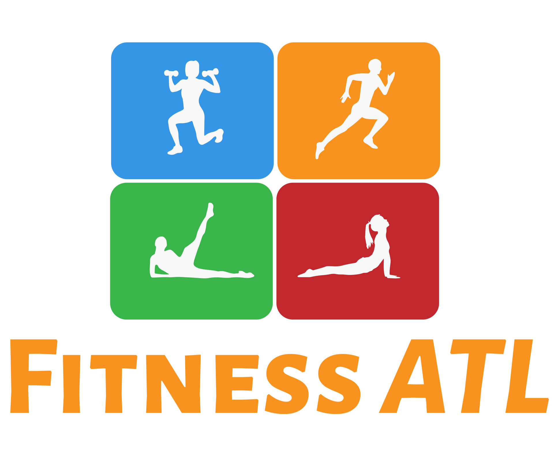 Fitness ATL logo with four colorful exercise icons in blue, orange, green, and red above the text
