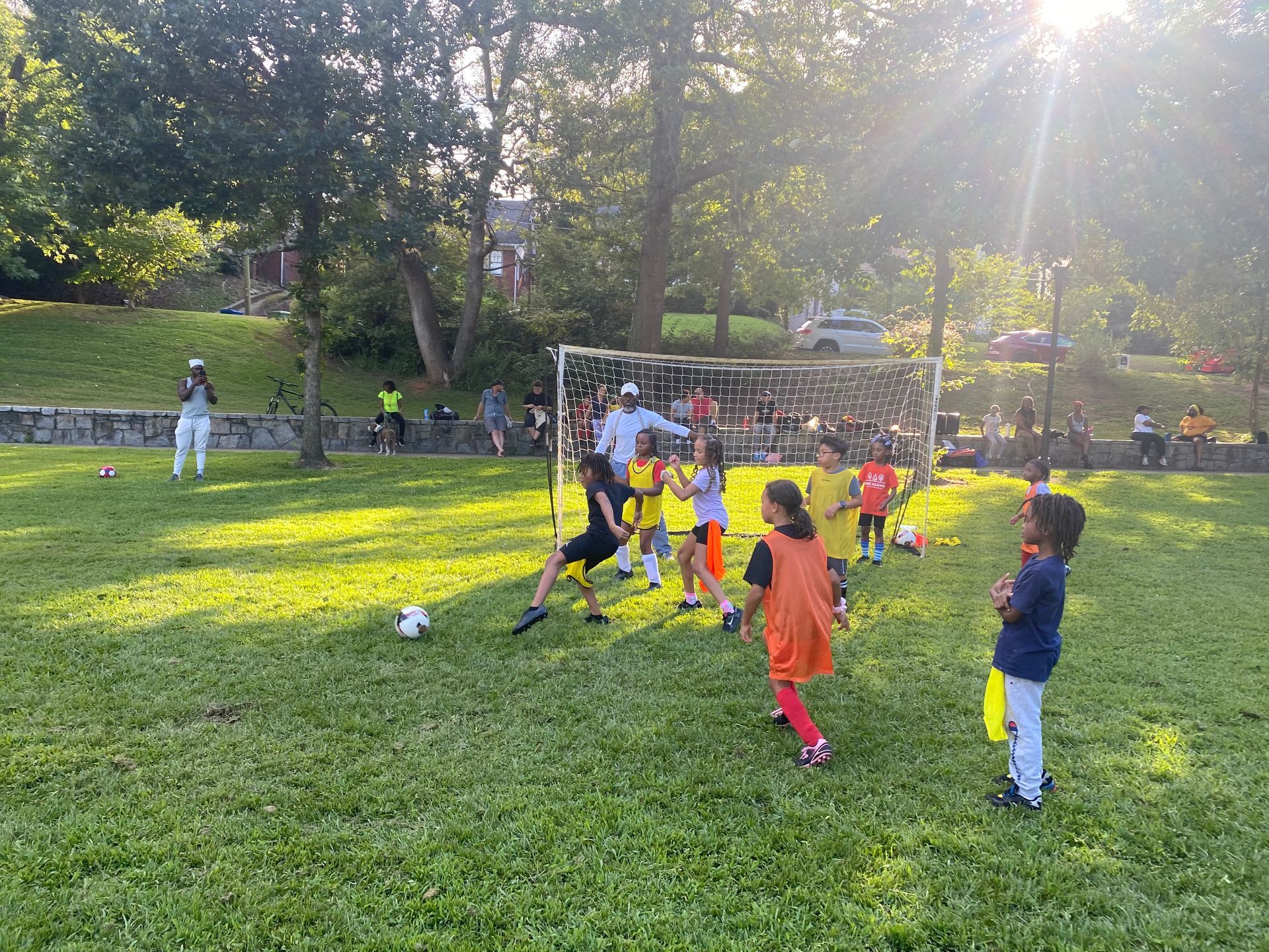 Children playing soccer on a grassy field near a goal in bright sunlight.