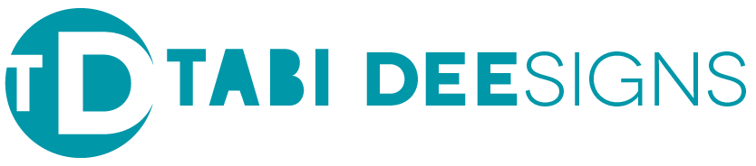 The logo for tabi deesigns is blue and white.