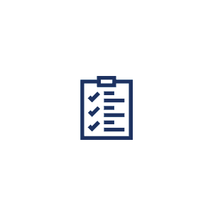 A dark blue icon of a clipboard with three checkmarks and three horizontal lines representing a completed checklist.