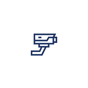 Dark blue line icon of a security camera mounted on a bracket.
