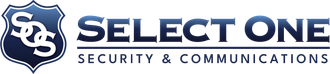 Select One Security & Communications logo in blue and white with shield icon