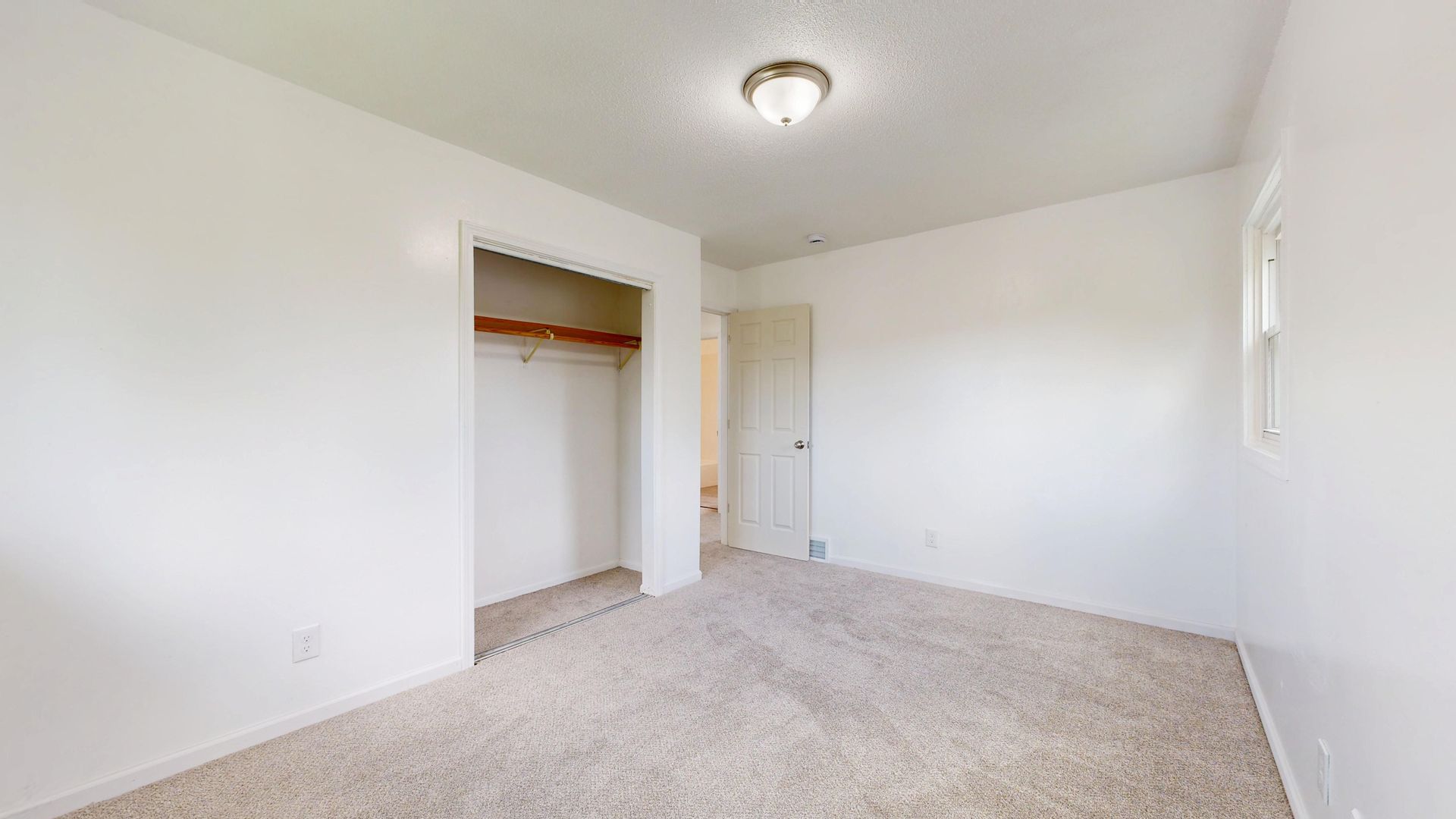 Empty white bedroom with carpet, a closet, and a ceiling light.