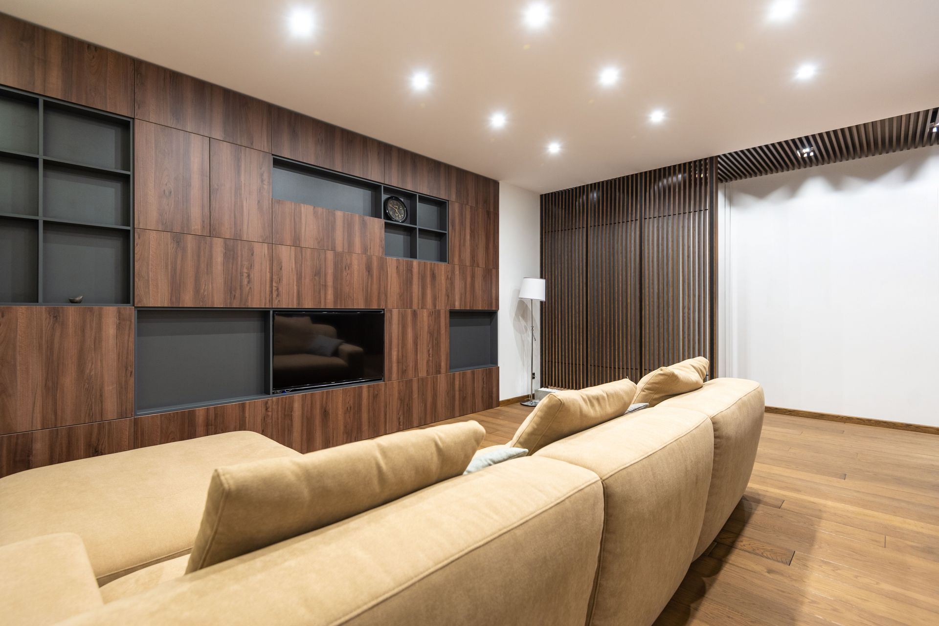 Custom Cabinets in a basement entertainment center in a home in anderson sc