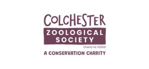 Logo for Colchester Zoological Society, a conservation charity, with purple text and a purple rectangle.