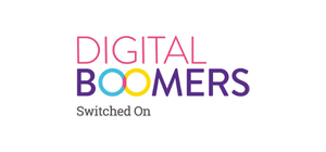 Digital Boomers logo with pink, purple, blue, and yellow text. Switched On in grey text below.