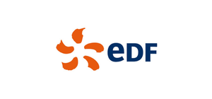 Orange flower logo with the letters EDF in dark blue.