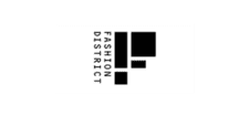 Fashion District logo with abstract black block design. Text reads: FASHION DISTRICT.