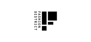 Black logo for Fashion District, with stacked text and geometric shapes.