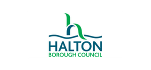 Halton Borough Council logo featuring a stylized h shape with blue and green colors. Halton Borough Council text.