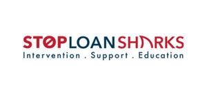 Logo with text STOP LOAN SHARKS in red and blue, with tagline Intervention . Support . Education