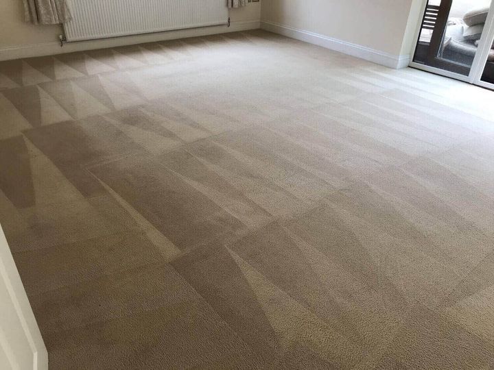 Empty beige carpeted room with a radiator, white walls, and a glass door to the right