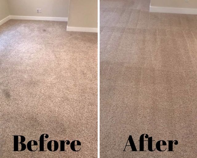 Carpeted floor before and after cleaning, with visible stain removal.