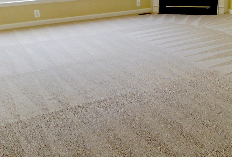 Empty beige carpeted room with yellow walls and a black fireplace opening.