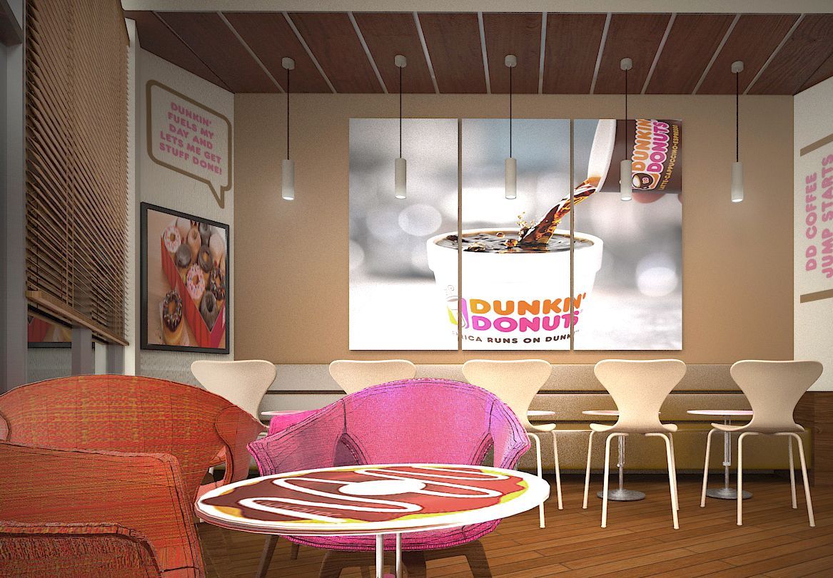A dunkin donuts restaurant with pink chairs and tables