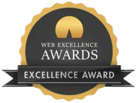 A black and gold web excellence award emblem