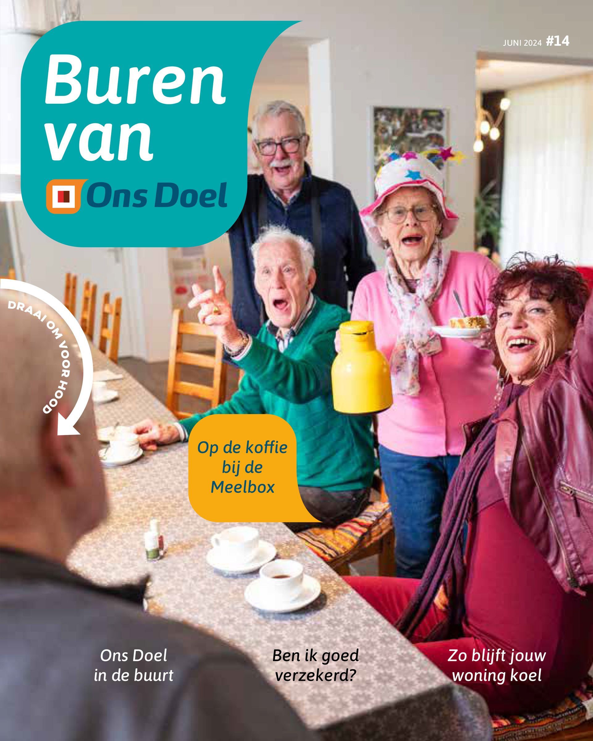 Mensen aan een tafel, lachend en glimlachend. Tijdschriftomslag. 