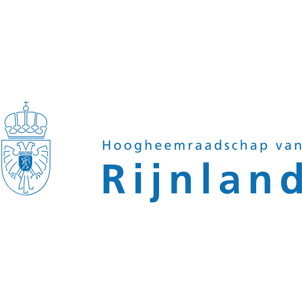 Logo vanHoogheemraadschap van Rijnland, blauwe tekst op witte achtergrond. 