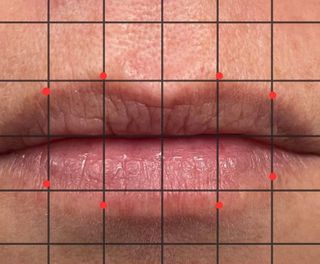 Close-up of human lips overlaid with a grid and red reference points to assess lip symmetry and features.
