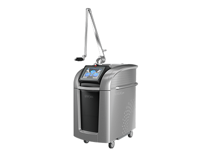 A silver medical laser machine with an articulating arm and a touchscreen interface, displayed against a white background.