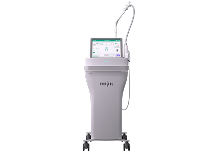A grey medical aesthetic device with a touch screen display and a handheld applicator arm on a wheeled stand.