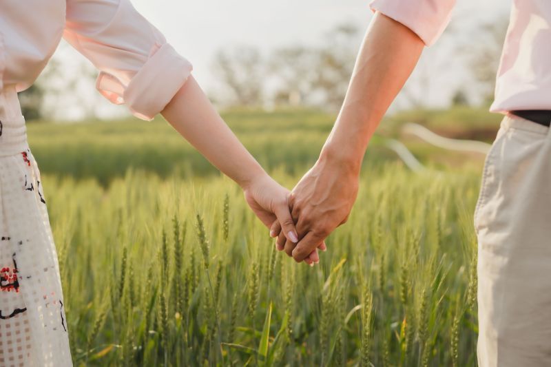Two people holding hands in a green field at sunset