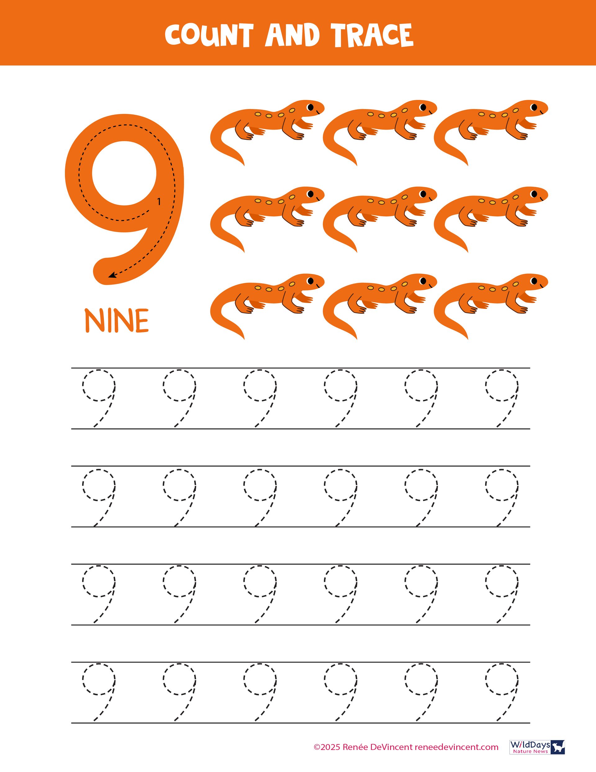 Worksheet for tracing the number 9, with nine lizards and the word 