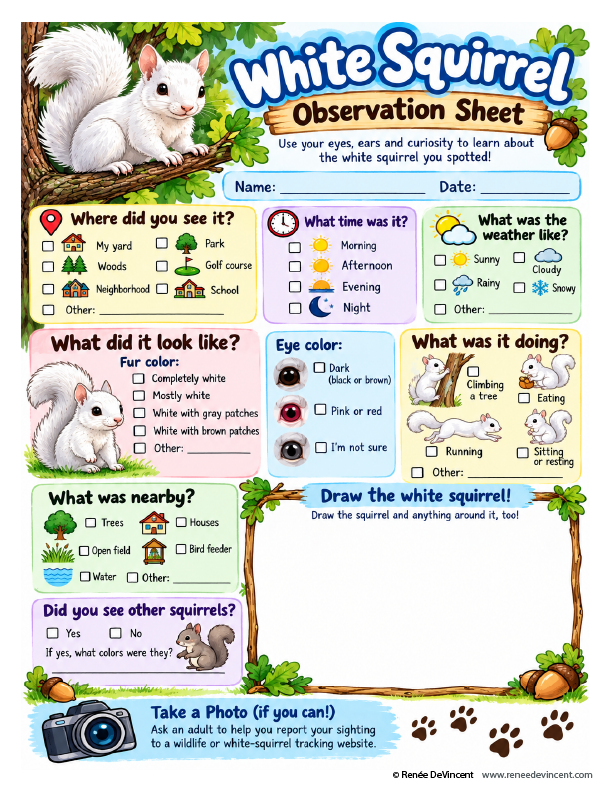White squirrel observation sheet with questions, checkboxes, and drawing space on a colorful nature-themed page