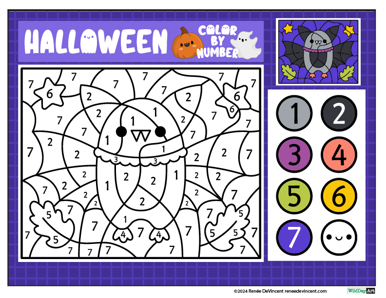 Color-by-number Halloween activity featuring a bat, stars, leaves, and a spiderweb; uses 7 colors.
