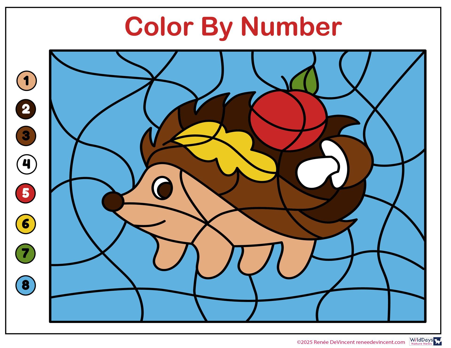 Color by number activity: a hedgehog with an apple and mushroom.