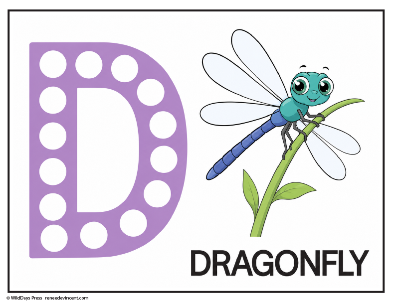 A Dot coloring activity page with a dragonfly and D