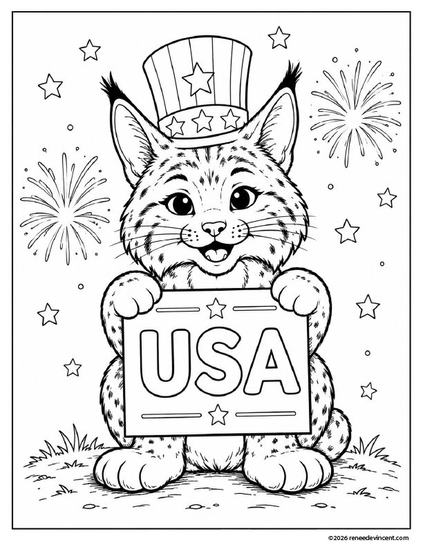 Patriotic bobcat holding a USA sign, wearing a star-spangled hat, with fireworks and stars in the background