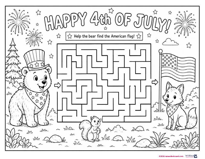 4th of July maze with patriotic bear, fox, mouse, fireworks, flags, and “Help the bear find the American flag!”