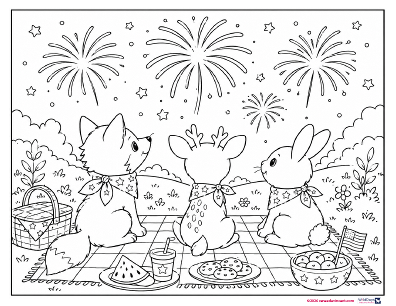 Cartoon bunnies picnic under fireworks, sitting on a blanket with food and drinks in a garden.