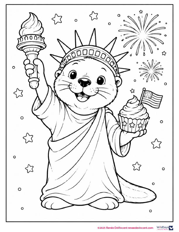 Coloring page of a smiling Statue of Liberty otter holding a torch a cupcake with fireworks and stars.