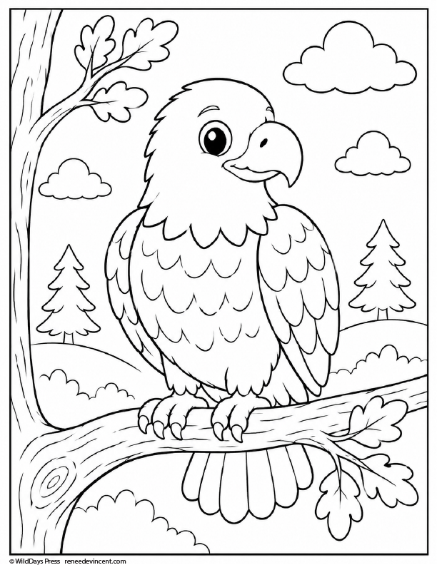 Cartoon eagle perched on a tree branch in a forest with clouds and pine trees