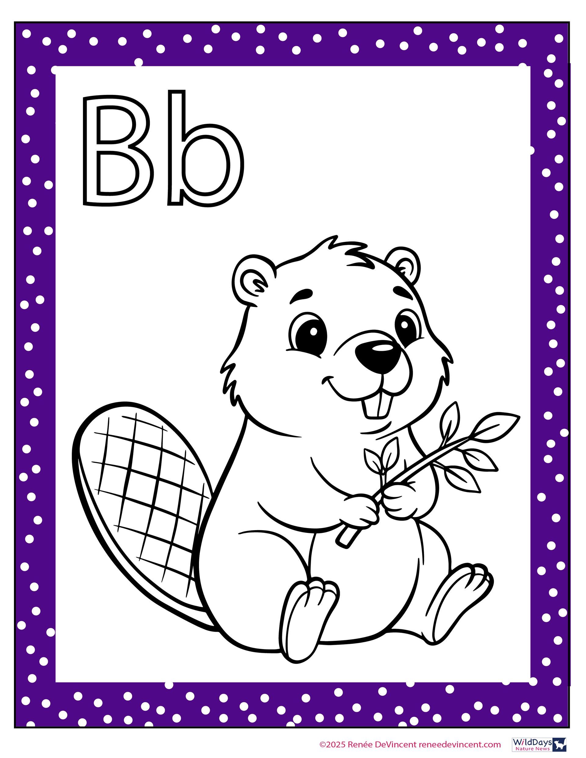 Black and white coloring page: Beaver holding a branch, next to the letter 