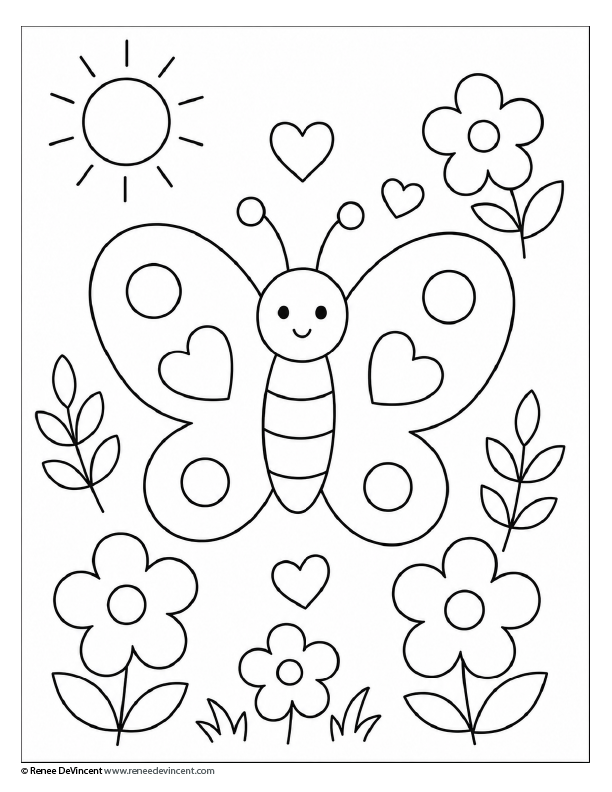 Black-and-white coloring page with a smiling butterfly, flowers, hearts, and a sun.