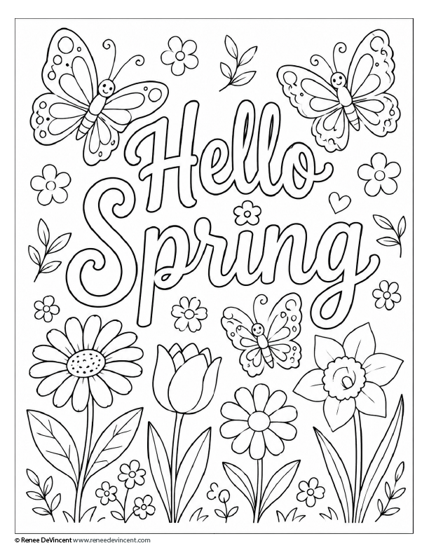 Coloring page with “Hello Spring” text, butterflies, and blooming flowers in a hand-drawn border