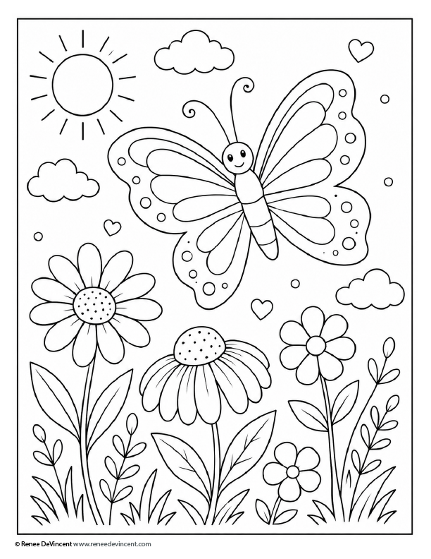 Butterfly with flowers, sun, clouds, and hearts in a simple black-and-white coloring page.