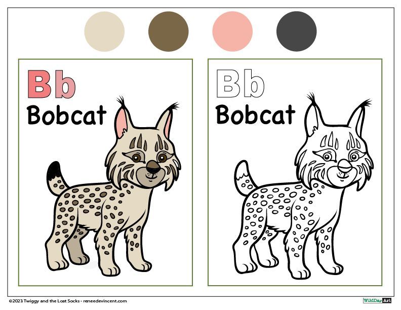 Coloring page: Bobcat illustration with color palette.