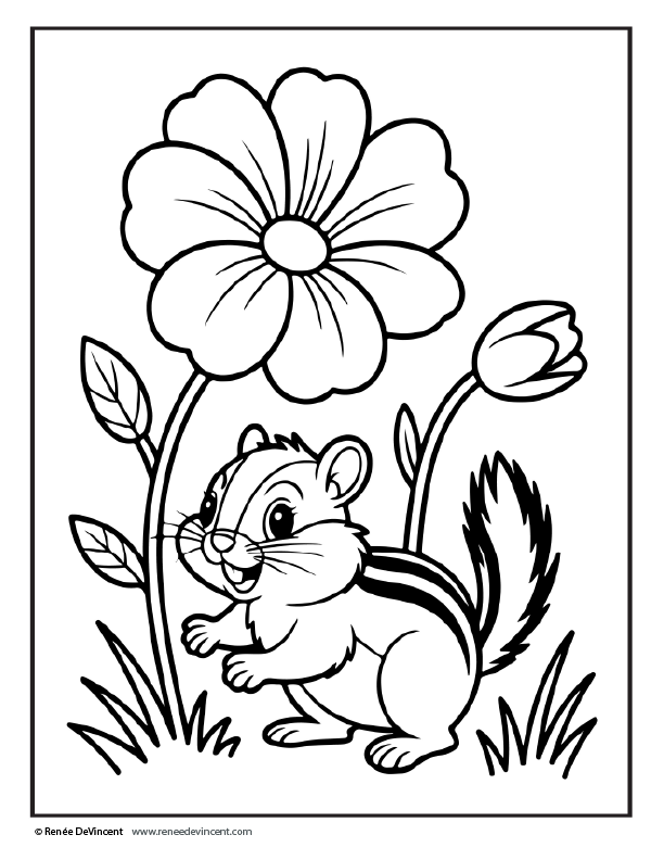 Cartoon chipmunk in grass beside flowers, smiling under a large bloom and near a bud.