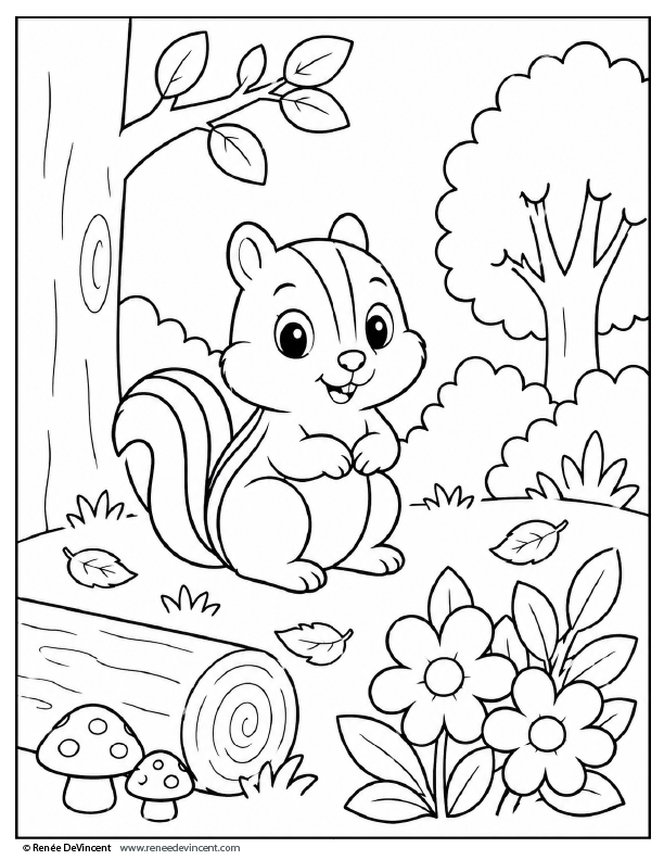 Cute chipmunk in a forest scene with a tree, flowers, mushrooms, and bushes.