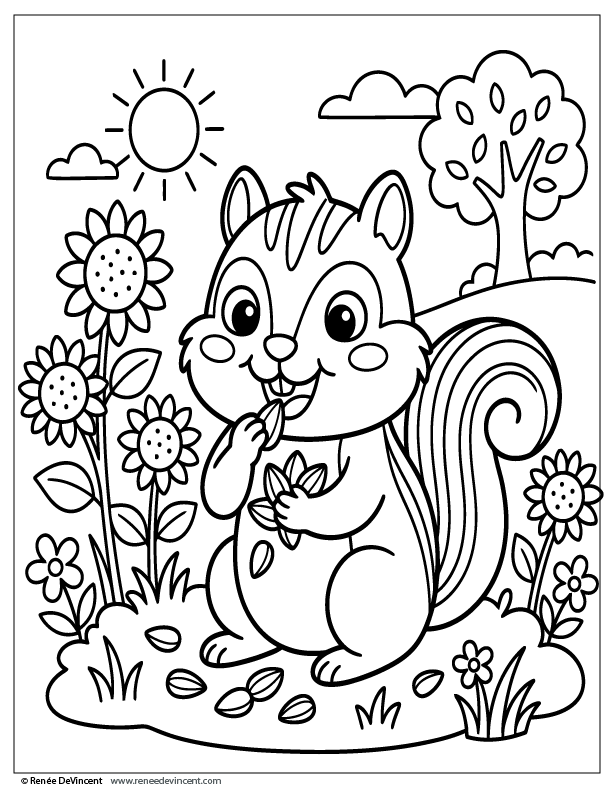Cartoon chipmunk in a sunny garden, holding a flower among other flowers, with a tree and hills behind.