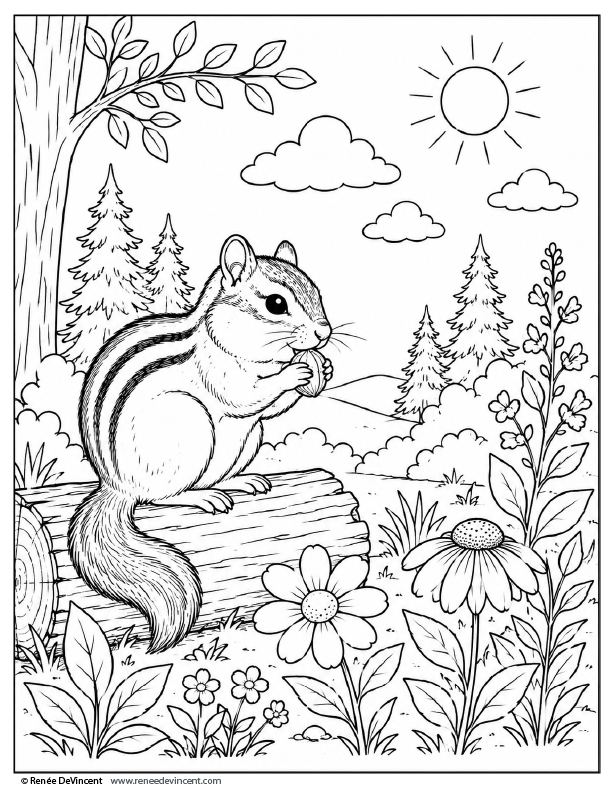 Chipmunk on a log in a sunny forest clearing with flowers, trees, clouds, and mushrooms.
