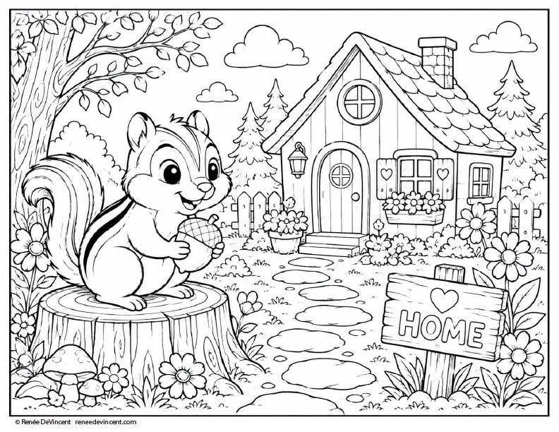 Cute chipmunk on a tree stump before a cottage with a “HOME” sign in a garden.
