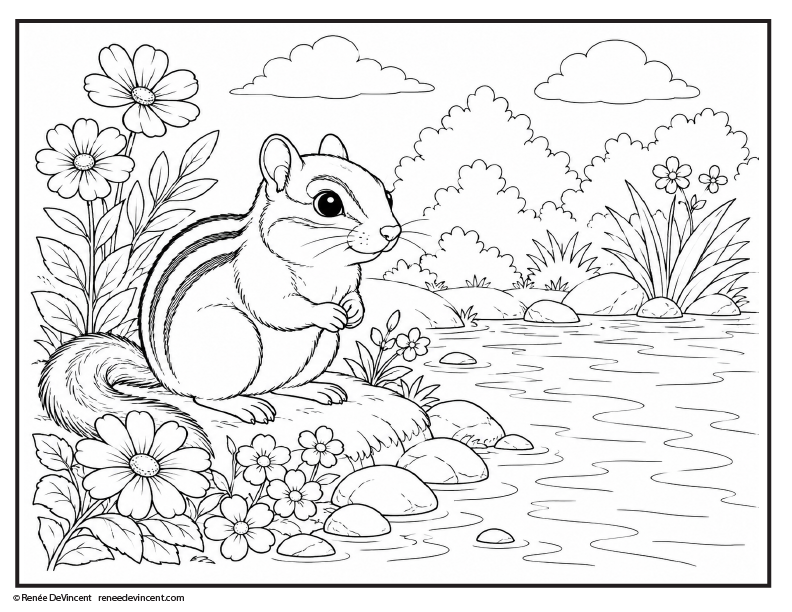 Line art of a chipmunk by a stream with flowers, rocks, grass, and clouds in a nature scene