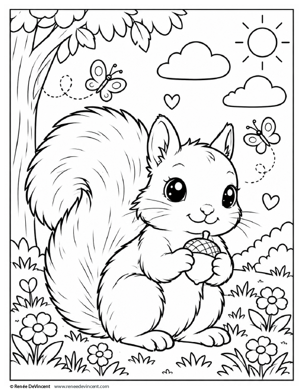 Cute line drawing of a squirrel holding a nut in a sunny flower garden with clouds and butterflies