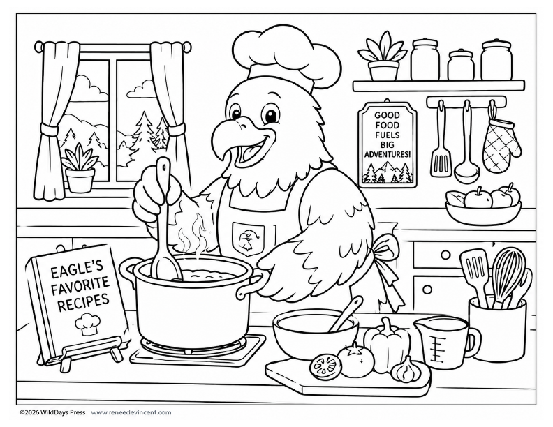 Cartoon eagle cooks in a kitchen, stirring a pot beside a recipe book and fresh ingredients.