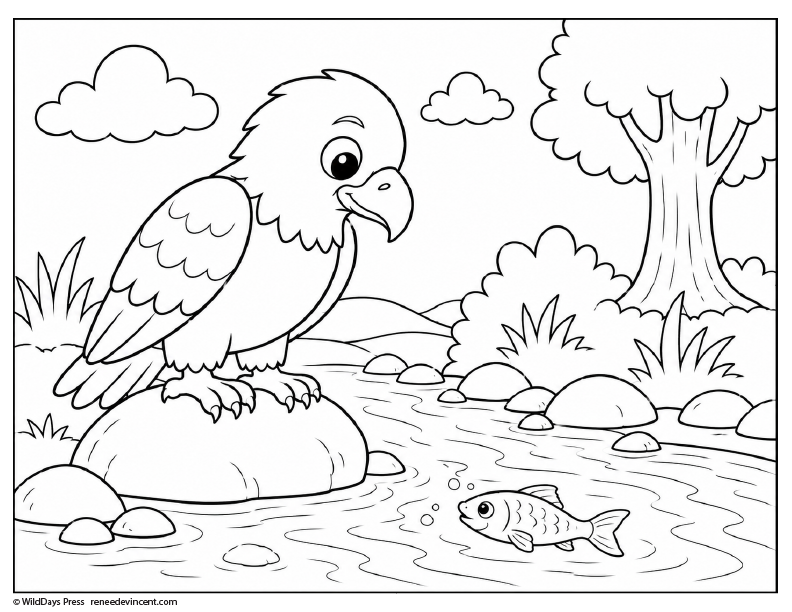 Coloring Page-Bird perched on a rock by a stream, watching a fish, with trees, clouds, and mountains in the background.